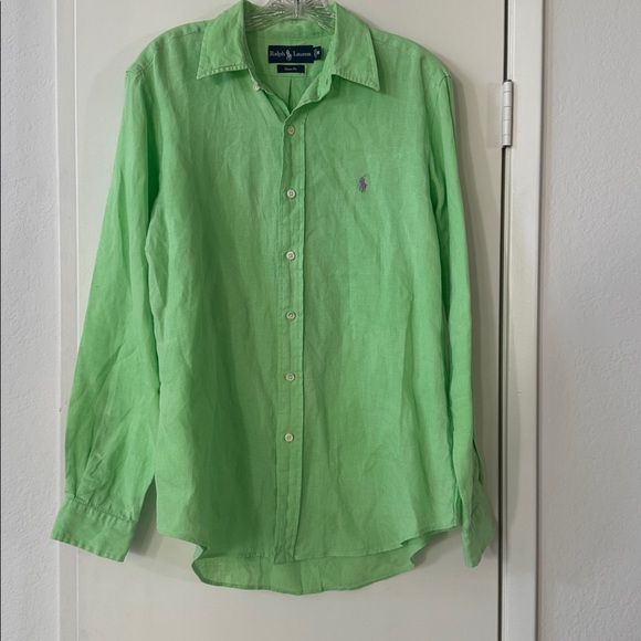 Men’s Ralph Lauren Classic Fit Solid Green Linen Button-Down Shirt size Medium - Picture 2 of 6